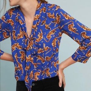 Anthropologie 52 Conversations Colloquial Tie-neck Tiger Leopard Print Blouse